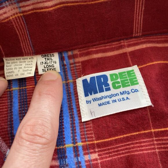 Vintage Mr Dee Cee Shirt 70s Deadstock Flannel Big Collar Plaid Red Blue XL - Picture 4 of 8
